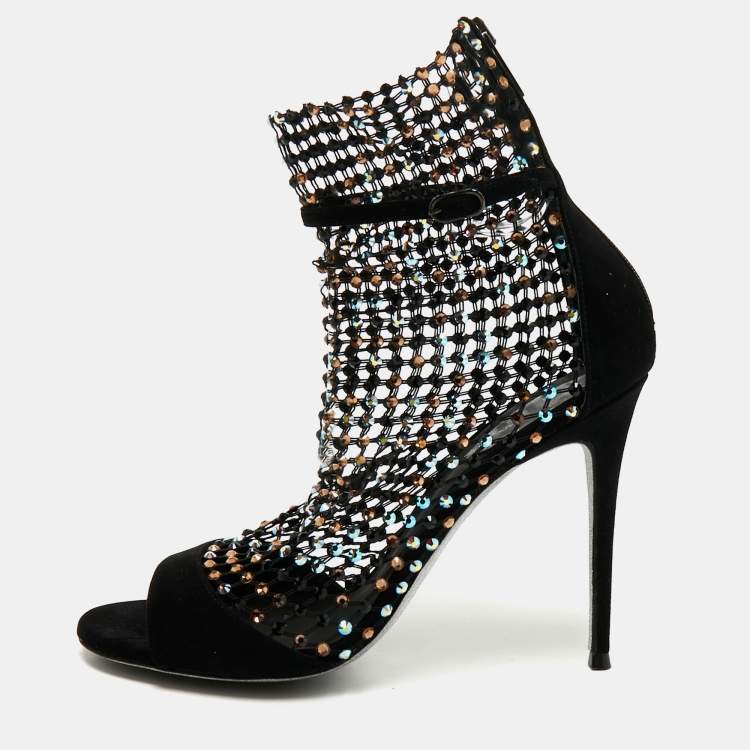 Pre Owned René Caovilla Black Mesh and Suede Ankle Length Galaxia Boots Size 38