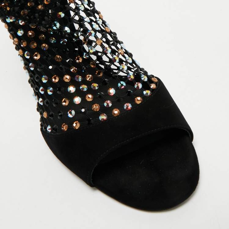 Pre Owned René Caovilla Black Mesh and Suede Ankle Length Galaxia Boots Size 38