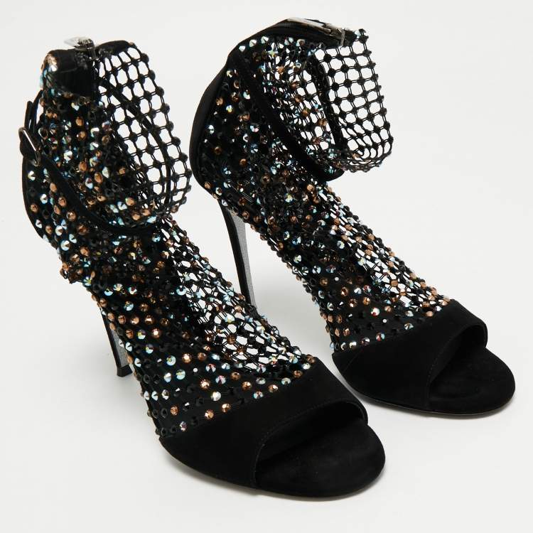 Pre Owned René Caovilla Black Mesh and Suede Ankle Length Galaxia Boots Size 38