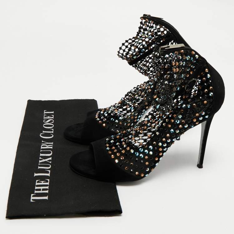 Pre Owned René Caovilla Black Mesh and Suede Ankle Length Galaxia Boots Size 38