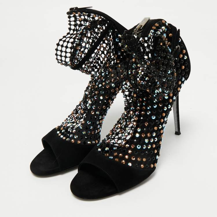 Pre Owned René Caovilla Black Mesh and Suede Ankle Length Galaxia Boots Size 38