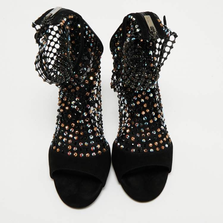 Pre Owned René Caovilla Black Mesh and Suede Ankle Length Galaxia Boots Size 38