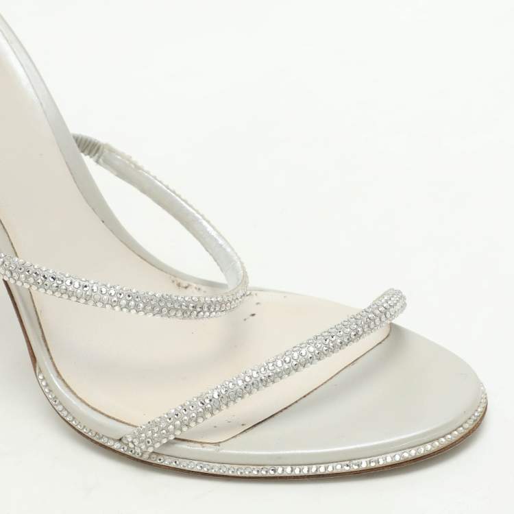 Pre Owned René Caovilla Metallic Silver Leather Crystal Cleo Ankle Strap Sandals Size 39.5