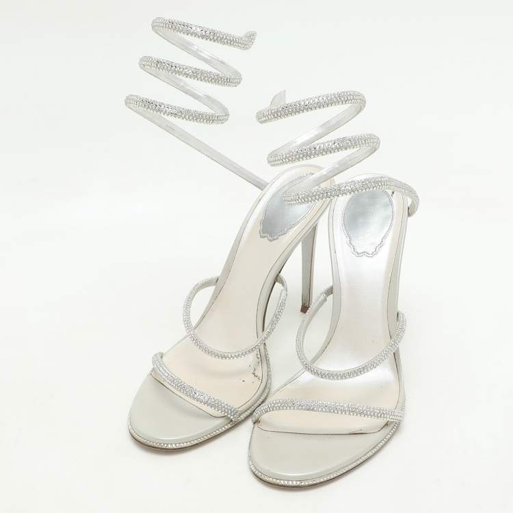 Pre Owned René Caovilla Metallic Silver Leather Crystal Cleo Ankle Strap Sandals Size 39.5