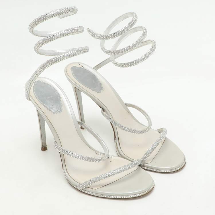Pre Owned René Caovilla Metallic Silver Leather Crystal Cleo Ankle Strap Sandals Size 39.5