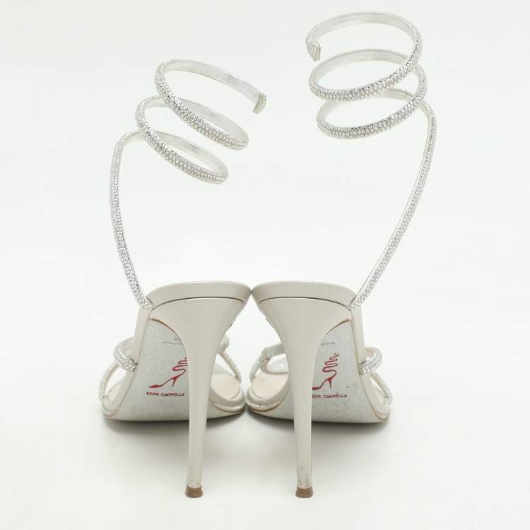 Pre Owned René Caovilla Metallic Silver Leather Crystal Cleo Ankle Strap Sandals Size 39.5