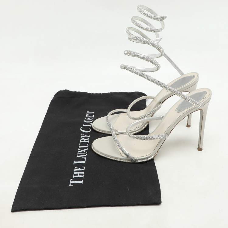 Pre Owned René Caovilla Metallic Silver Leather Crystal Cleo Ankle Strap Sandals Size 39.5