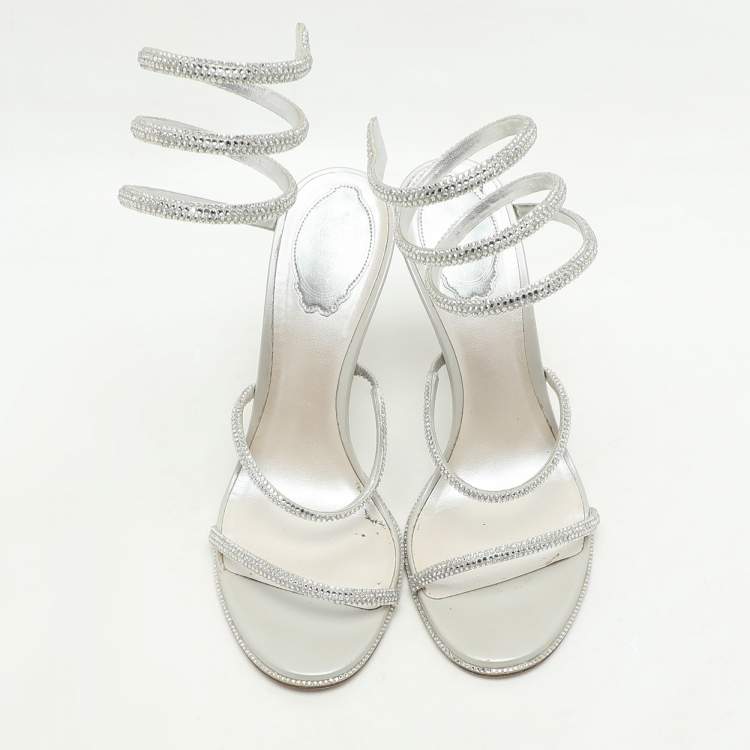 Pre Owned René Caovilla Metallic Silver Leather Crystal Cleo Ankle Strap Sandals Size 39.5