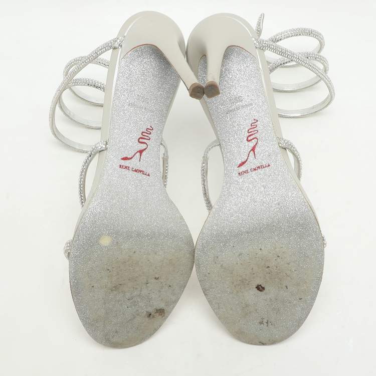 Pre Owned René Caovilla Metallic Silver Leather Crystal Cleo Ankle Strap Sandals Size 39.5