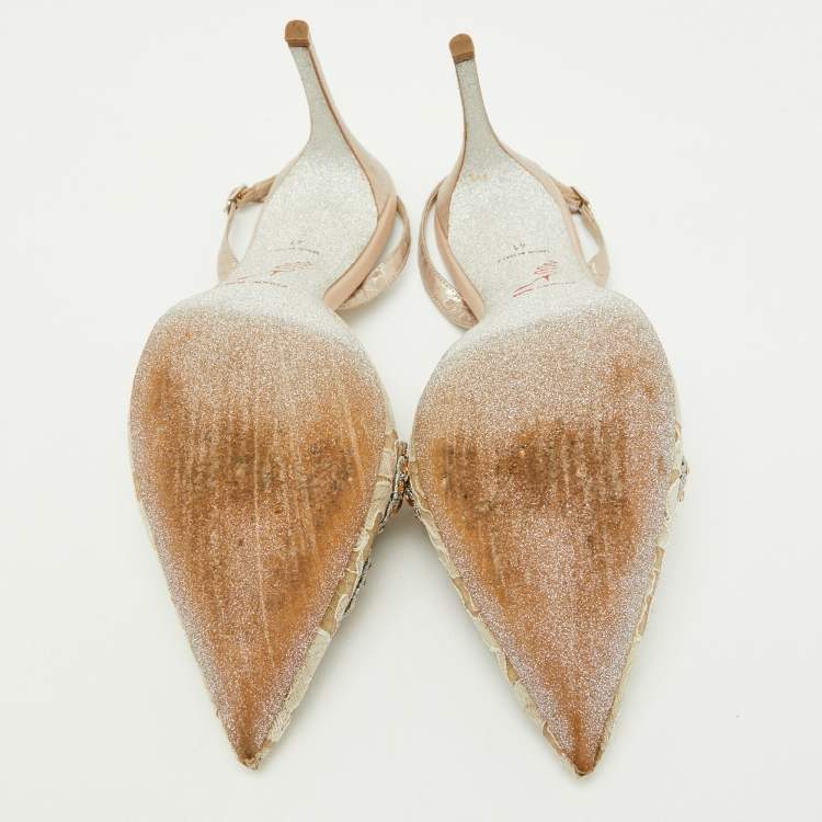 Pre Owned Rene Caovilla Beige Lace and Leather Crystal Embellished Slingback Pumps Size 41