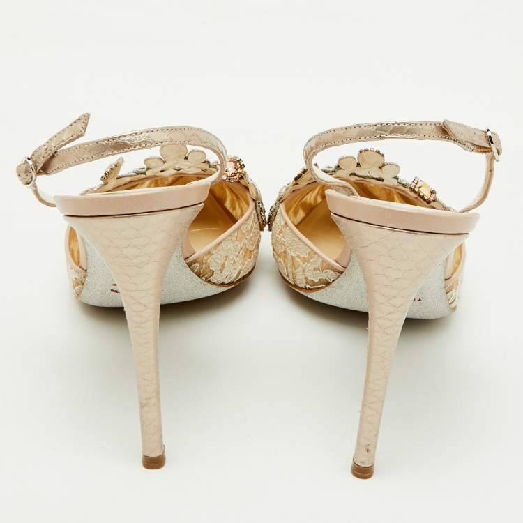 Pre Owned Rene Caovilla Beige Lace and Leather Crystal Embellished Slingback Pumps Size 41
