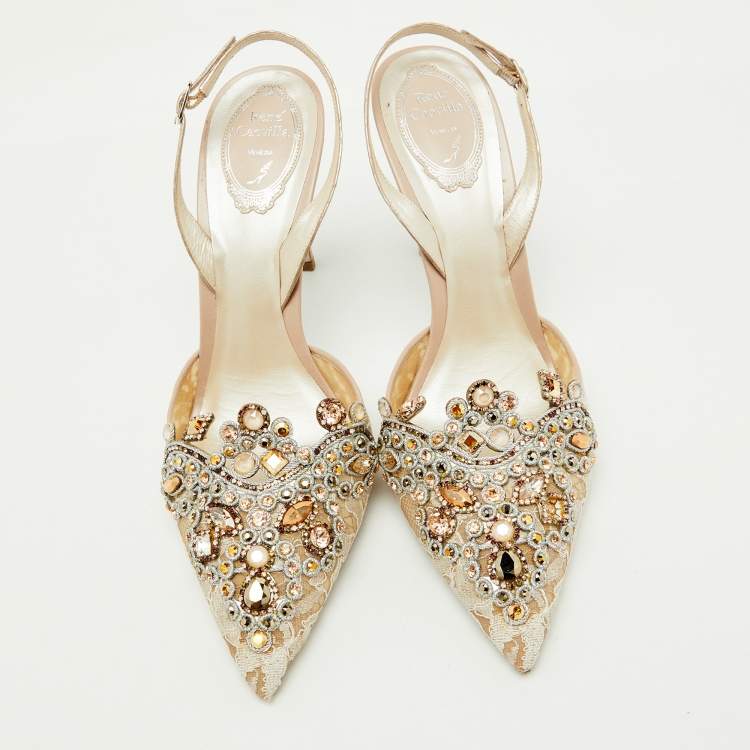 Pre Owned Rene Caovilla Beige Lace and Leather Crystal Embellished Slingback Pumps Size 41