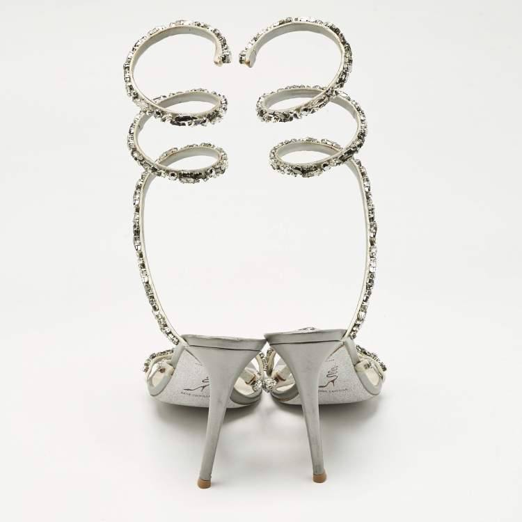 Pre Owned René Caovilla  Silver Leather Crystal Cleo Ankle Strap Sandals Size 41