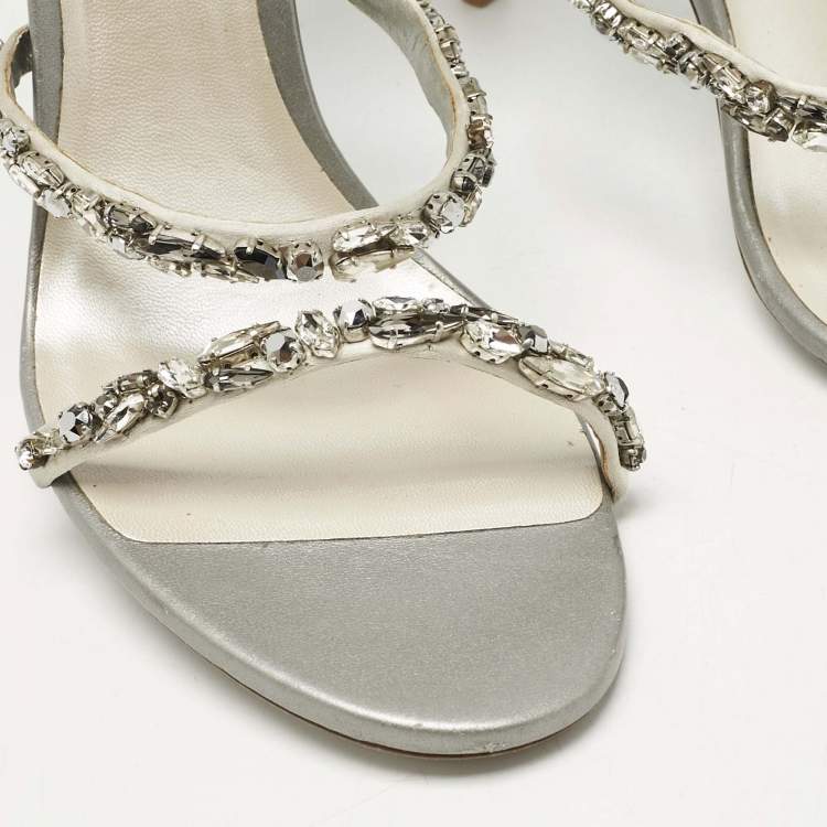 Pre Owned René Caovilla  Silver Leather Crystal Cleo Ankle Strap Sandals Size 41