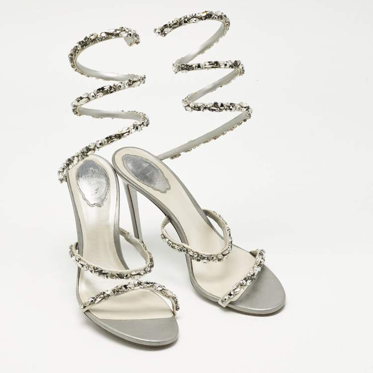 Pre Owned René Caovilla  Silver Leather Crystal Cleo Ankle Strap Sandals Size 41