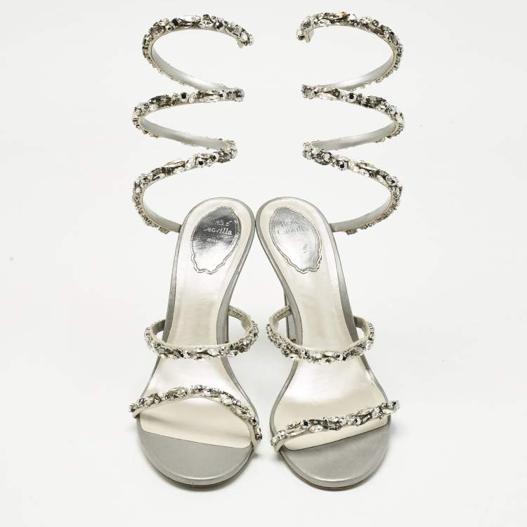 Pre Owned René Caovilla  Silver Leather Crystal Cleo Ankle Strap Sandals Size 41