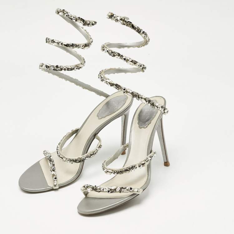 Pre Owned René Caovilla  Silver Leather Crystal Cleo Ankle Strap Sandals Size 41