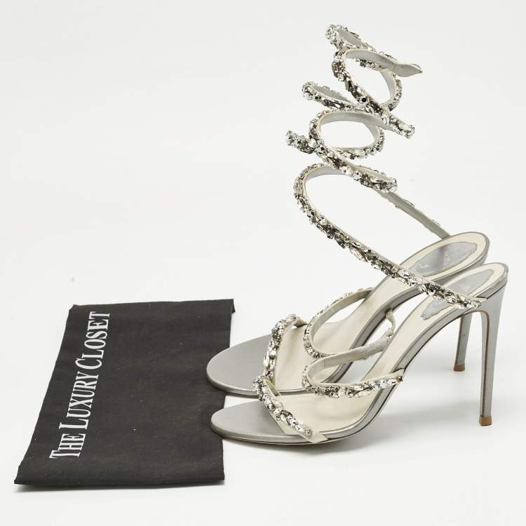 Pre Owned René Caovilla  Silver Leather Crystal Cleo Ankle Strap Sandals Size 41