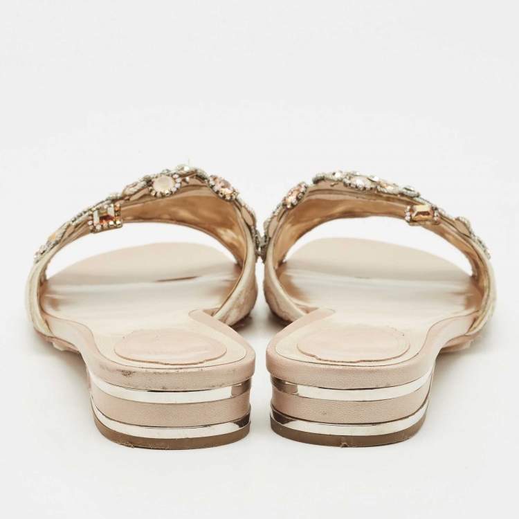 Pre Owned René Caovilla Beige Lace Crystals Embellished Flat Slides Size 39