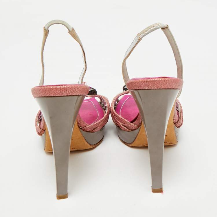 Pre Owned René Caovilla Two Tone Satin and Canvas Crystal Embellished Slingback Sandals Size 36