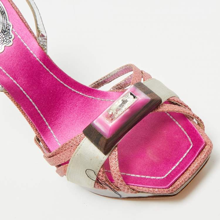 Pre Owned René Caovilla Two Tone Satin and Canvas Crystal Embellished Slingback Sandals Size 36