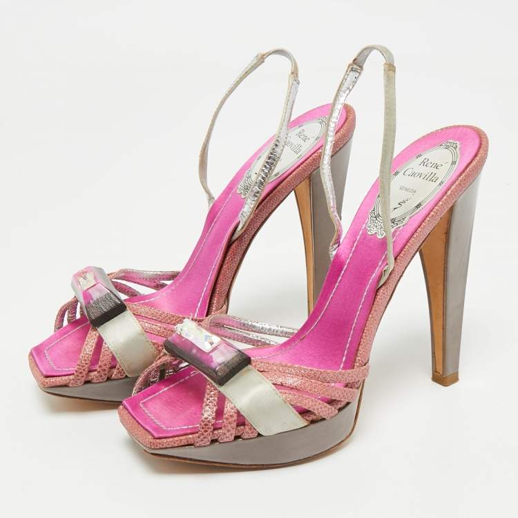 Pre Owned René Caovilla Two Tone Satin and Canvas Crystal Embellished Slingback Sandals Size 36