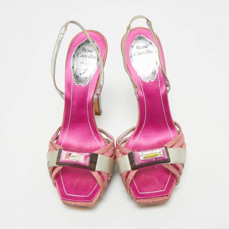 Pre Owned René Caovilla Two Tone Satin and Canvas Crystal Embellished Slingback Sandals Size 36