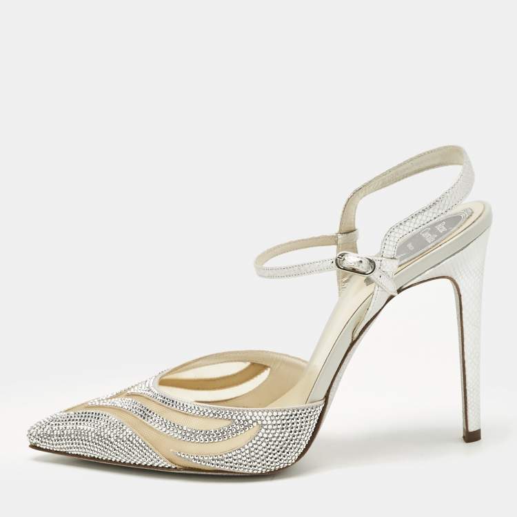 Pre Owned René Caovilla Silver Karung Leather and Mesh Slingback Pumps Size 41