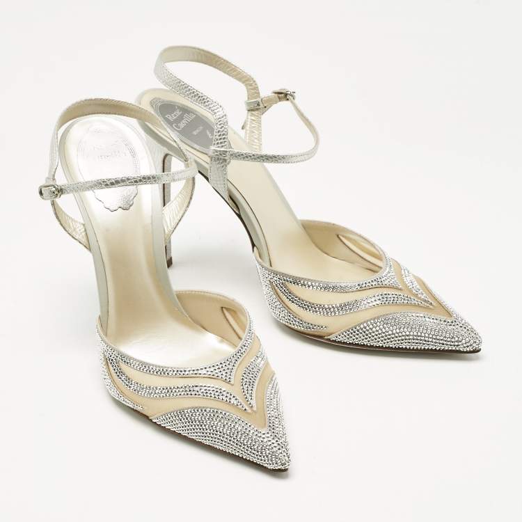 Pre Owned René Caovilla Silver Karung Leather and Mesh Slingback Pumps Size 41
