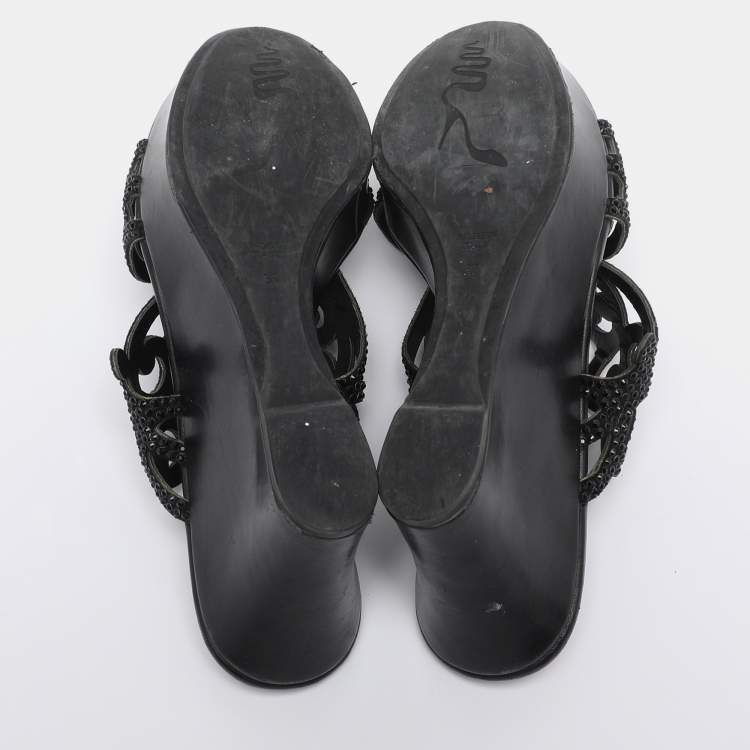 Pre Owned René Caovilla Black Rhinestone Embellished Suede Wedge Sandal Size 37