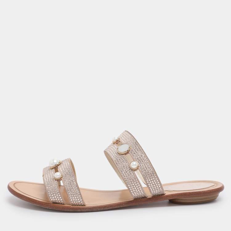 Pre Owned René Caovilla Beige Suede Crystal Embellished Slide Flat Sandals Size 38