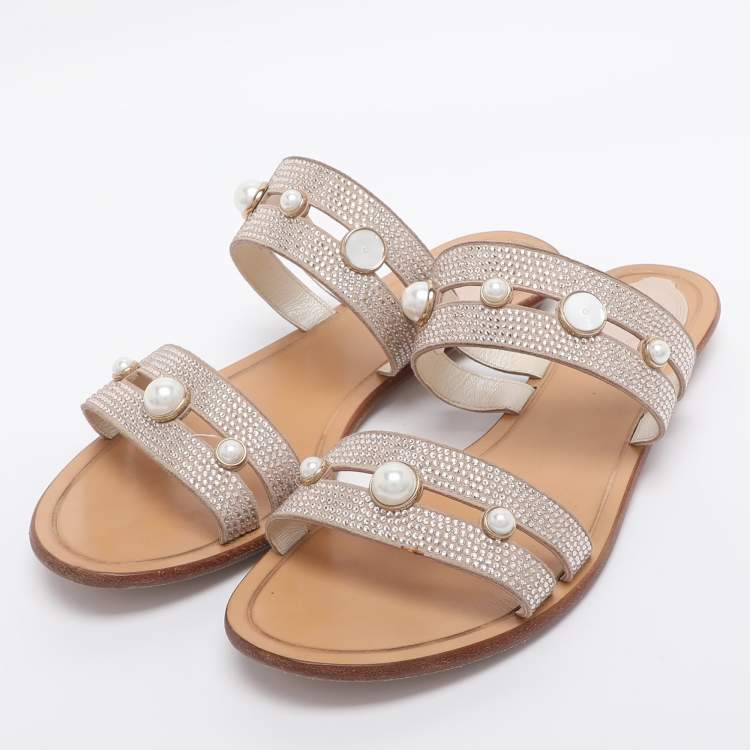 Pre Owned René Caovilla Beige Suede Crystal Embellished Slide Flat Sandals Size 38