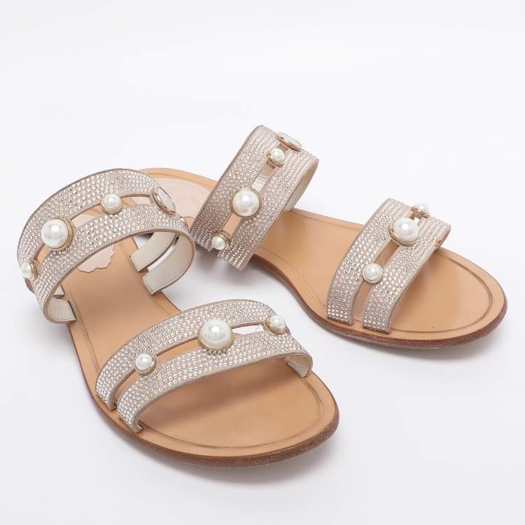 Pre Owned René Caovilla Beige Suede Crystal Embellished Slide Flat Sandals Size 38