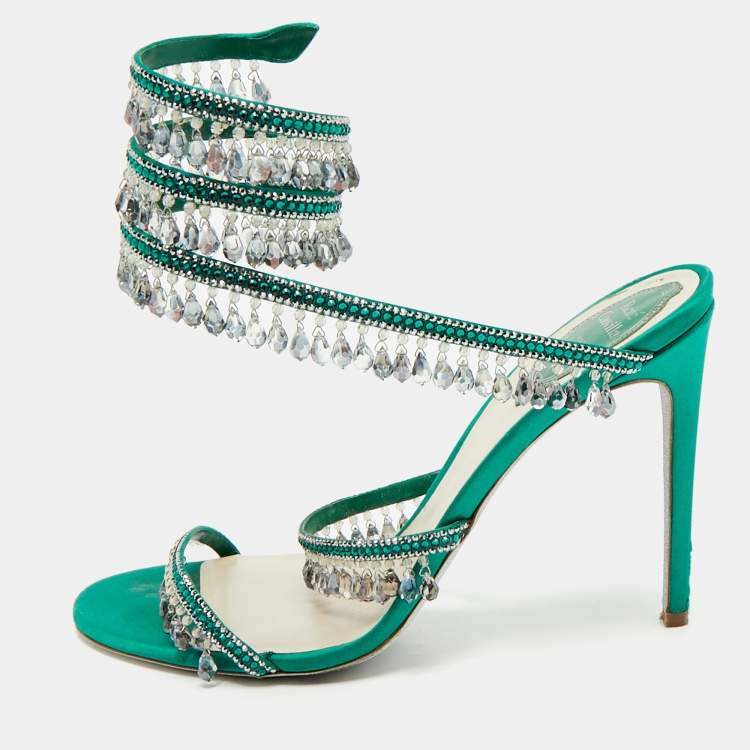 Pre Owned René Caovilla Green Satin Crystal Embellished Cleo Sandals Size 40
