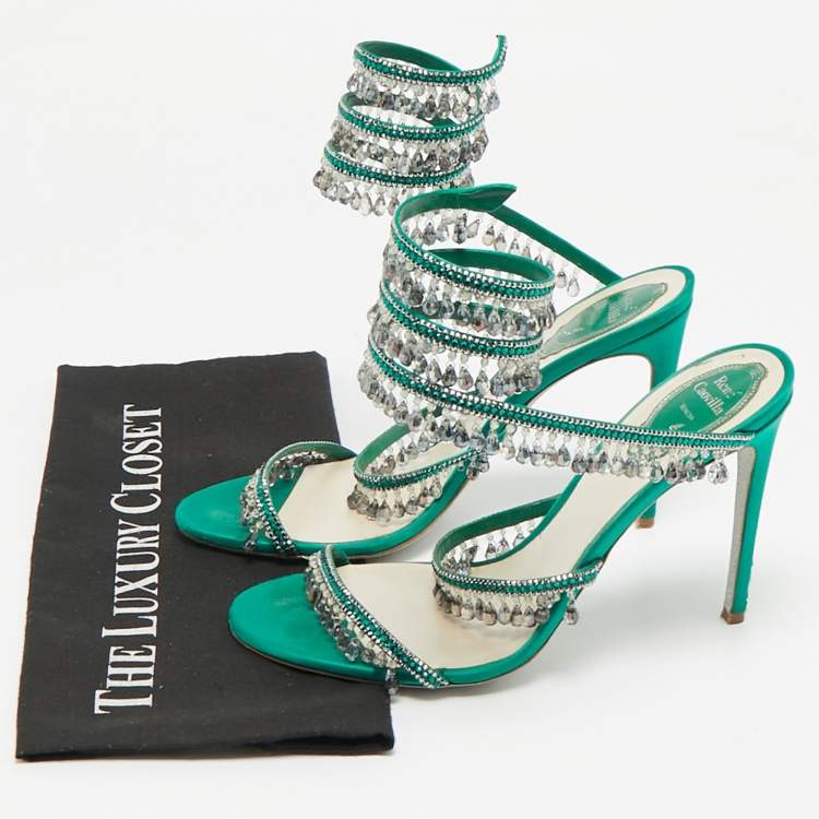 Pre Owned René Caovilla Green Satin Crystal Embellished Cleo Sandals Size 40