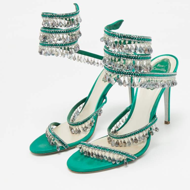 Pre Owned René Caovilla Green Satin Crystal Embellished Cleo Sandals Size 40