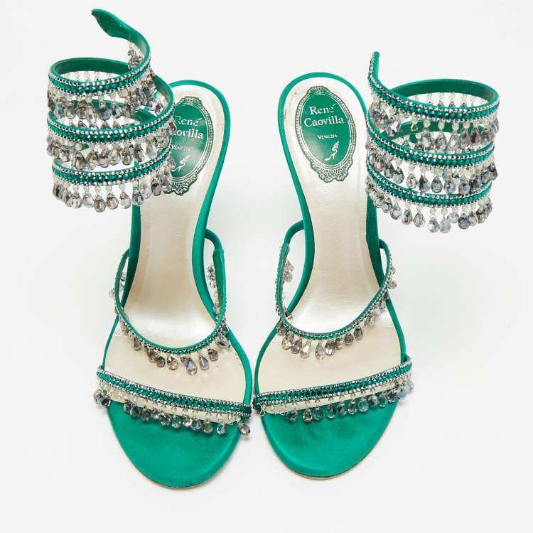 Pre Owned René Caovilla Green Satin Crystal Embellished Cleo Sandals Size 40