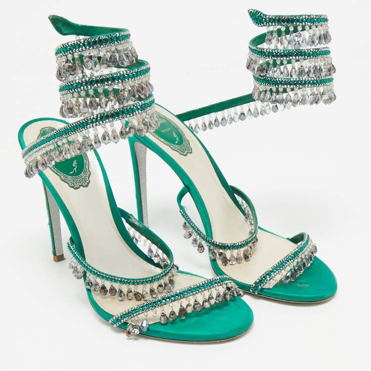 Pre Owned René Caovilla Green Satin Crystal Embellished Cleo Sandals Size 40