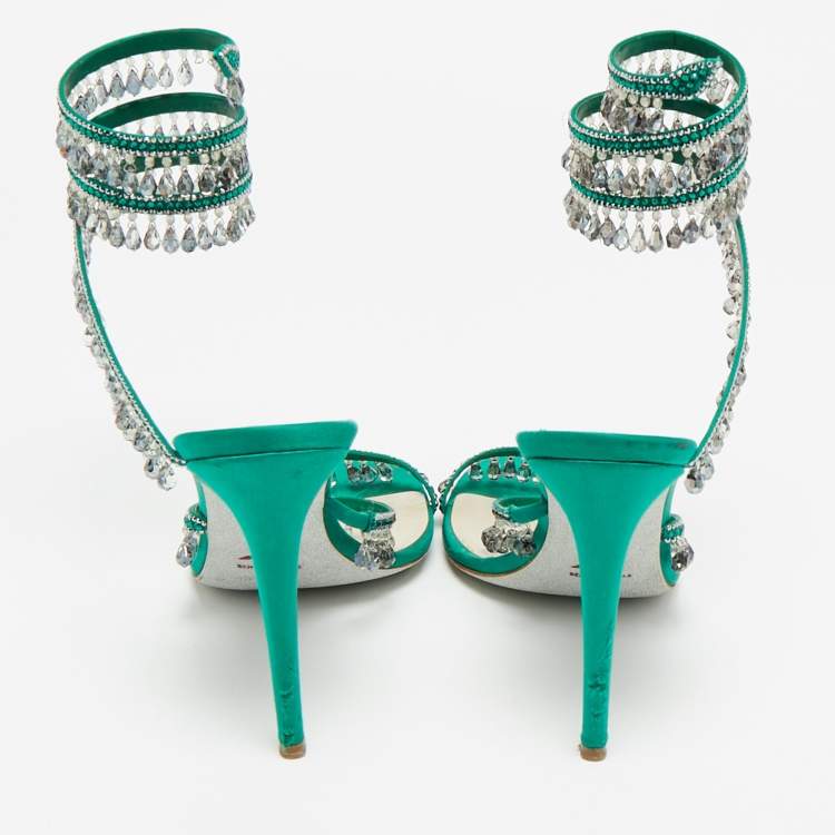 Pre Owned René Caovilla Green Satin Crystal Embellished Cleo Sandals Size 40
