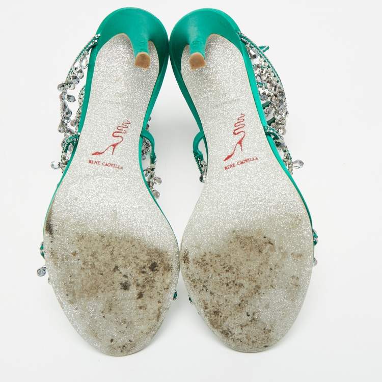 Pre Owned René Caovilla Green Satin Crystal Embellished Cleo Sandals Size 40