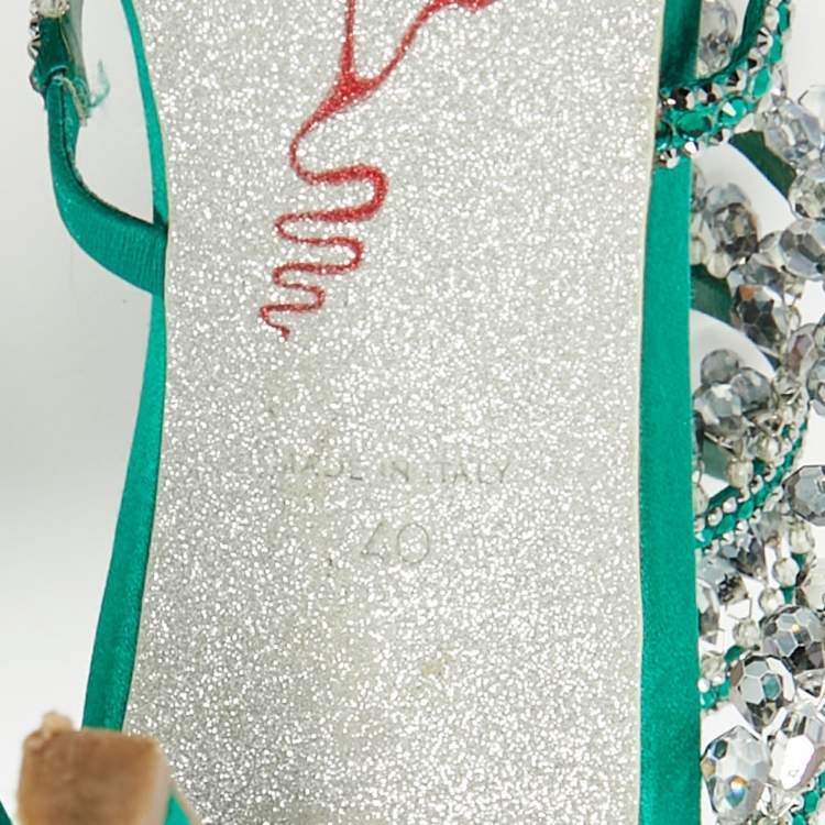 Pre Owned René Caovilla Green Satin Crystal Embellished Cleo Sandals Size 40