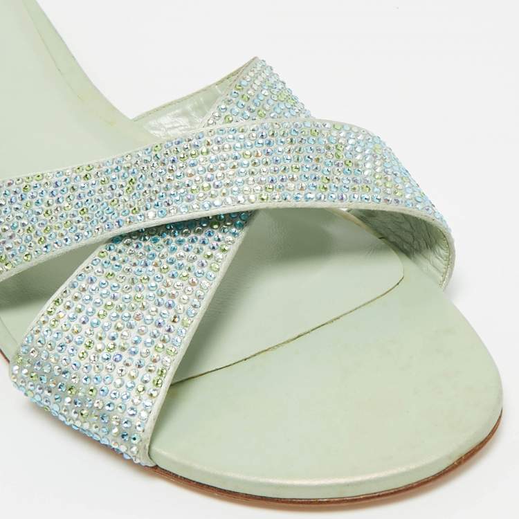Pre Owned René Caovilla Blue Satin Crystal Embellished Flat Slides Size 41