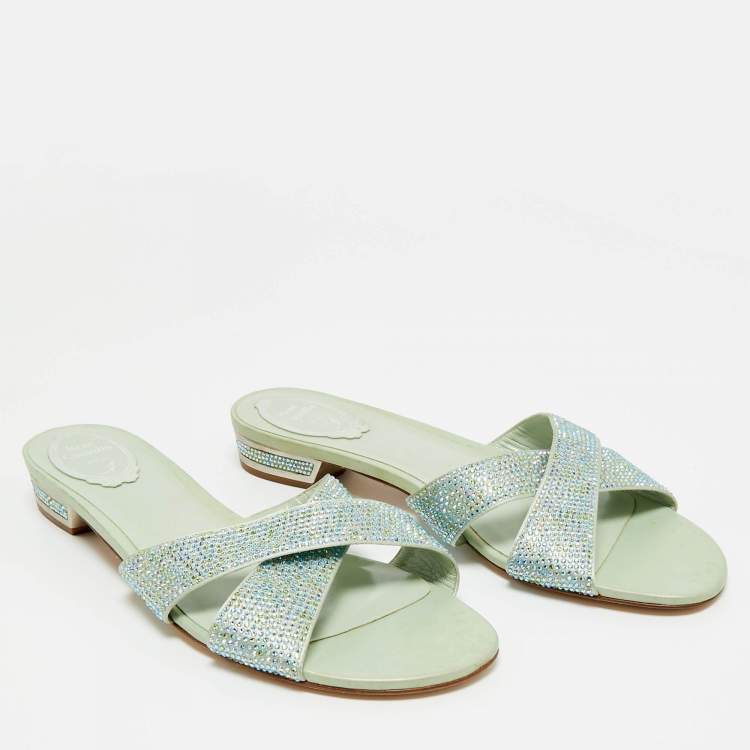 Pre Owned René Caovilla Blue Satin Crystal Embellished Flat Slides Size 41
