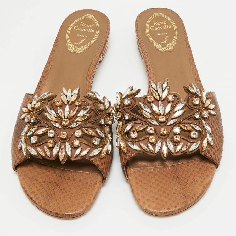 Pre Owned René Caovilla Brown Snakeskin Leather Crystal Embellished Flat Sandals Size 41