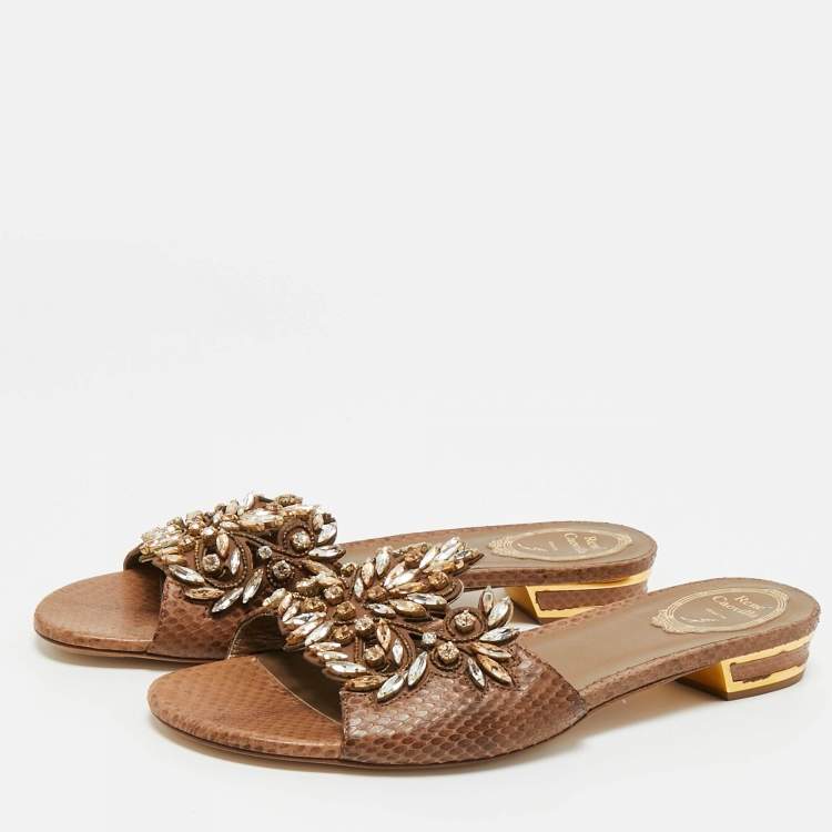 Pre Owned René Caovilla Brown Snakeskin Leather Crystal Embellished Flat Sandals Size 41