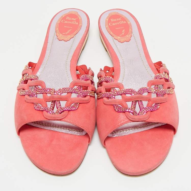 Pre Owned René Caovilla Pink Suede Crystals Embellished Flat Slides Size 41
