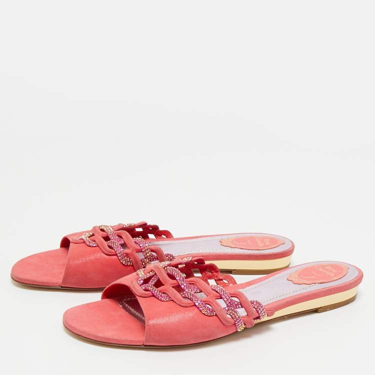 Pre Owned René Caovilla Pink Suede Crystals Embellished Flat Slides Size 41