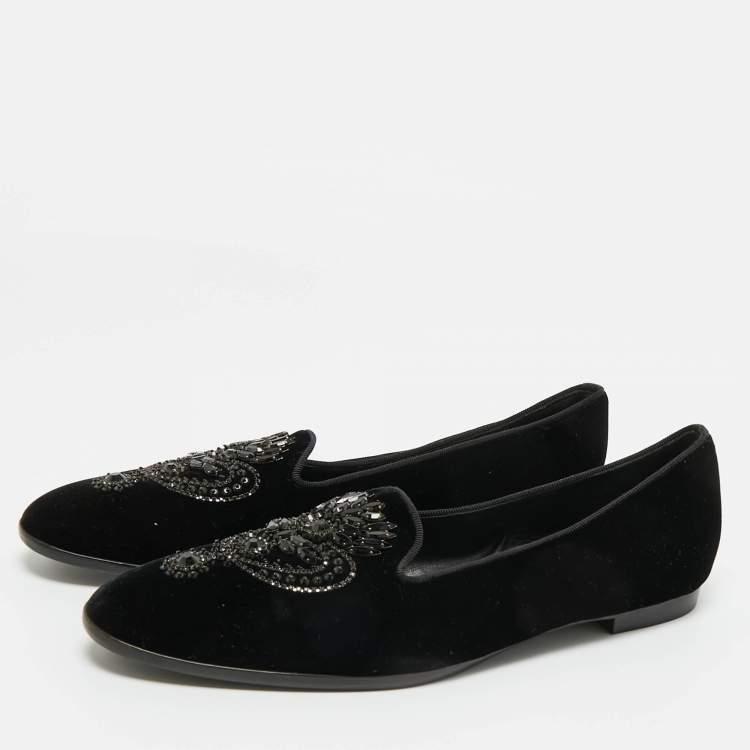 Pre Owned René Caovilla Black Velvet Crystal Embellished Slip On Smoking Slippers Size 41