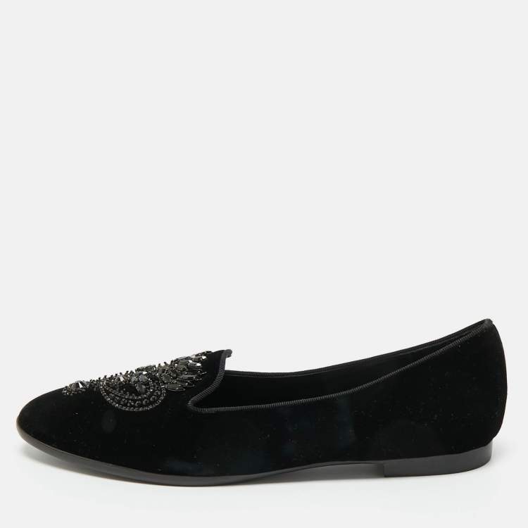Pre Owned René Caovilla Black Velvet Crystal Embellished Slip On Smoking Slippers Size 41
