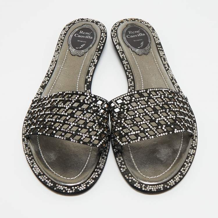Pre Owned René Caovilla Black Leather Crystal Embellished Flat Slides Size 41